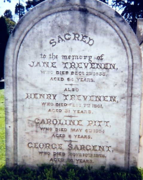 Gravestone of Jane Trevenen, her son Henry Trevenen, her grandchild Caroline Pitt (daughter of Eliza) and a grandson-in-law (husband of Amelia, daughter of Henry). Courtesy Jo Shaw.